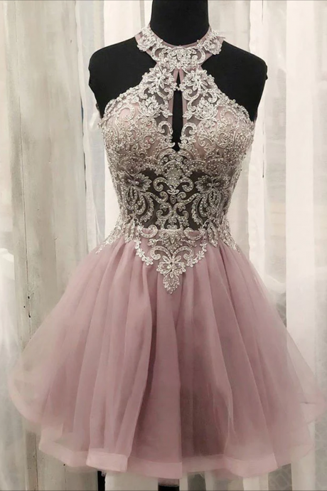Women Cute Tulle Lace Prom Dress Short A-line Appliques Homecoming Dress Sleeveless Cocktail Party Gowns Yp105