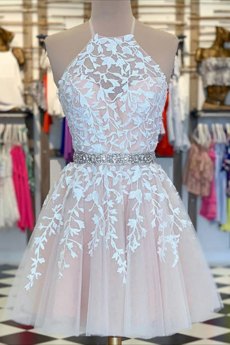 Women Cute Tulle Lace Prom Dress Short A-line Appliques Homecoming Dress Sleeveless Cocktail Party Gowns Yp106