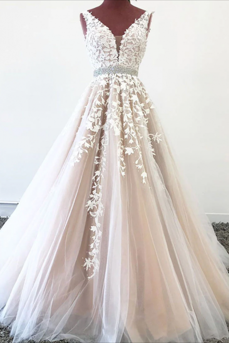 Women A-line Tulle Lace Prom Dresses Long Appliques Evening Party Gowns Sleeveless Formal Dress Yp108