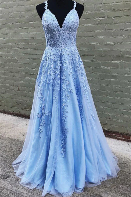 Women A-line Tulle Lace Prom Dresses Long V-neck Appliques Evening Party Gowns Sleeveless Formal Dress Yp113