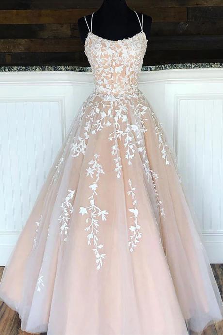 Women A-line Tulle Lace Prom Dresses Long Appliques Evening Party Gowns Sleeveless Formal Dress Yp114