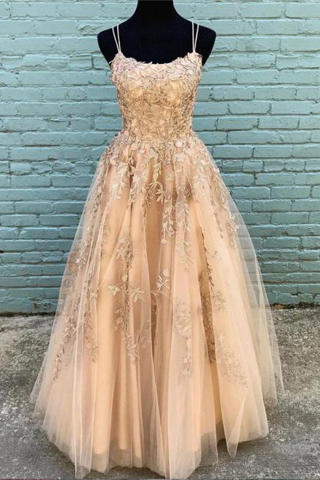 Women A-line Tulle Lace Prom Dresses Long Appliques Evening Party Gowns Sleeveless Formal Dress Yp115