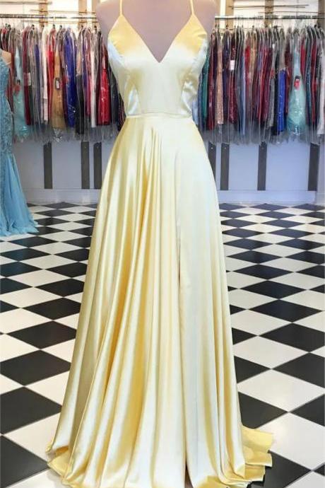Women A-line Satin Prom Dresses Long V-neck Evening Party Gowns Sleeveless Formal Dress Yp117