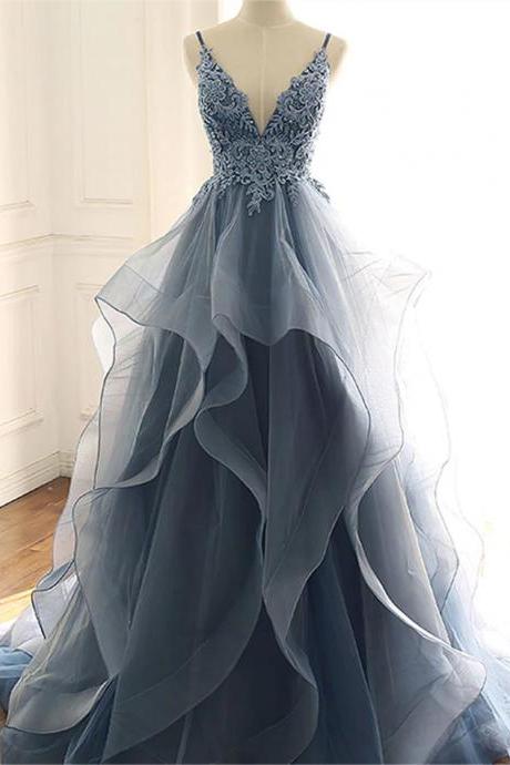 Women A-line Tulle Lace Prom Dresses Long Appliques Evening Party Gowns Sleeveless Formal Dress Yp120