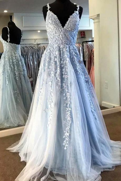 Women A-line Tulle Lace Prom Dresses Long Appliques Evening Party Gowns Sleeveless Formal Dress Yp123