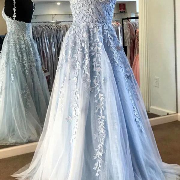 Women A-Line Tulle Lace Prom Dresses Long Appliques Evening Party Gowns Sleeveless Formal Dress YP123